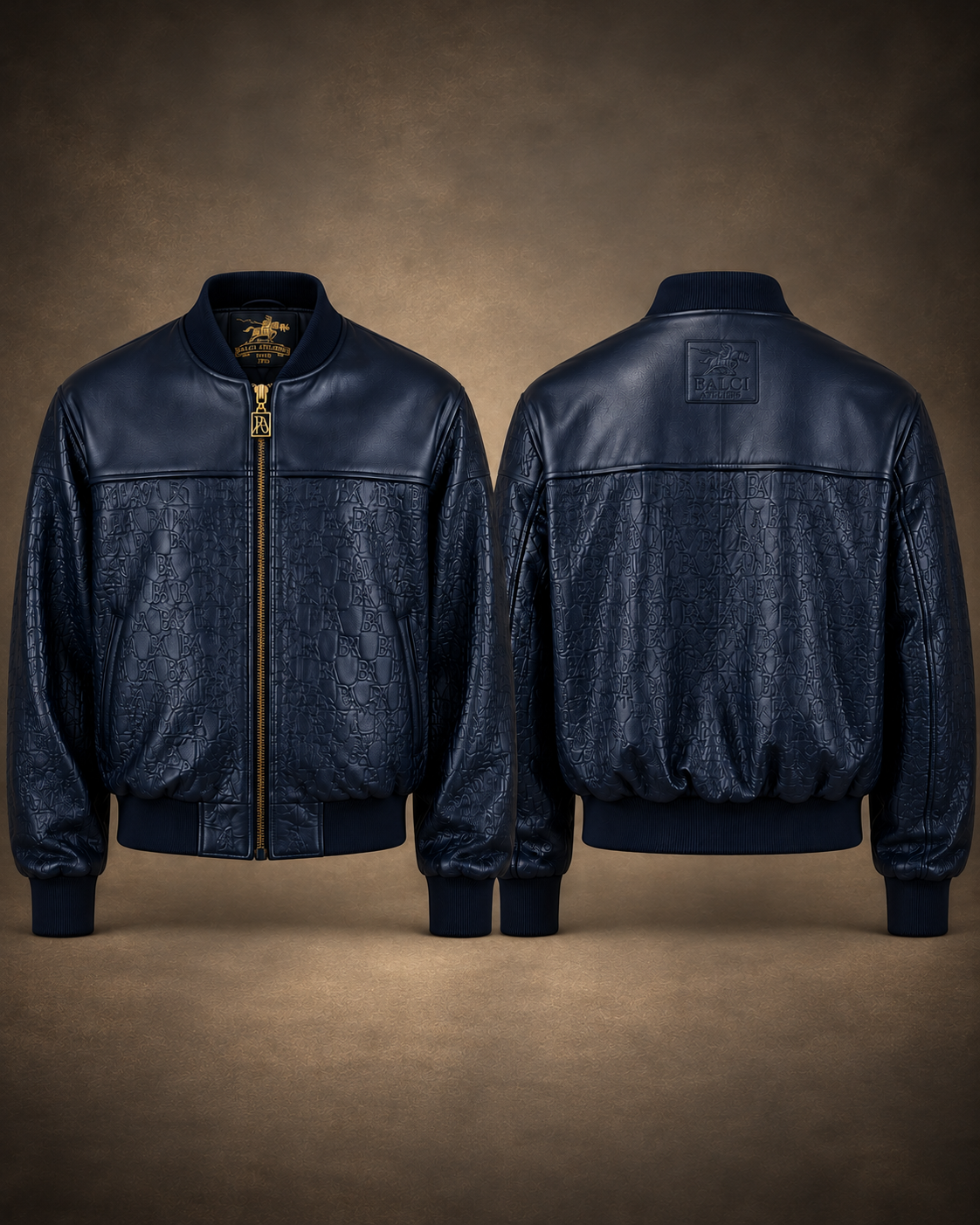 NEMESIS Leder-Bomberjacke von BALCI ATELIERS in Mitternachtsblau – Vorder- und Rückansicht