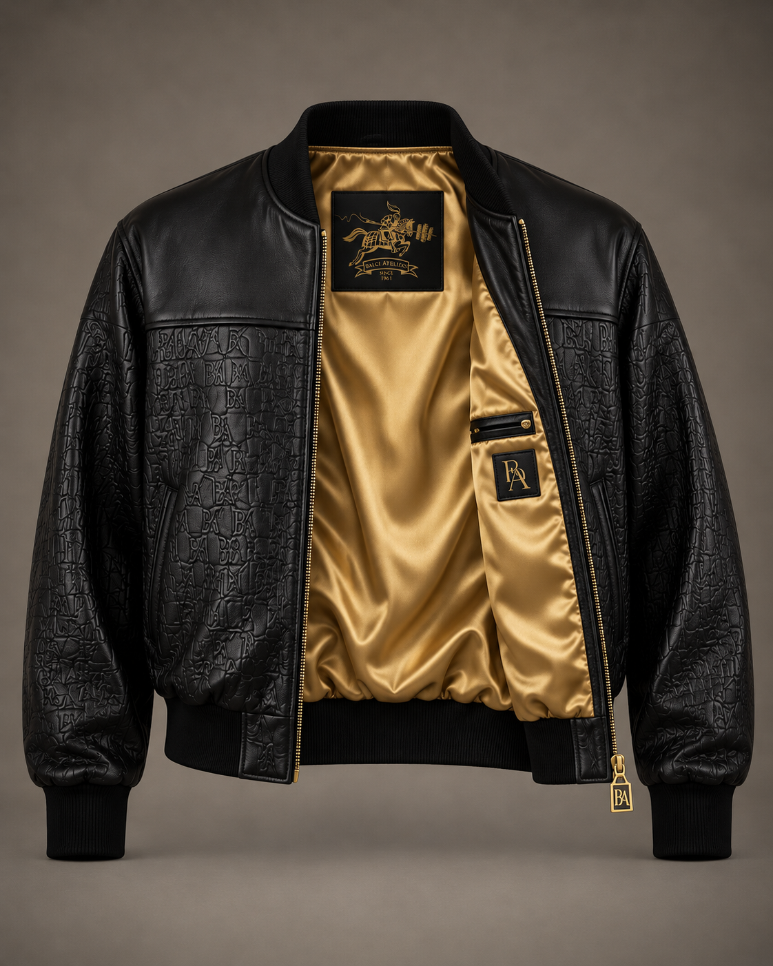 NEMESIS Leder-Bomberjacke von BALCI ATELIERS in Schwarz mit geprägtem Monogramm – Futter